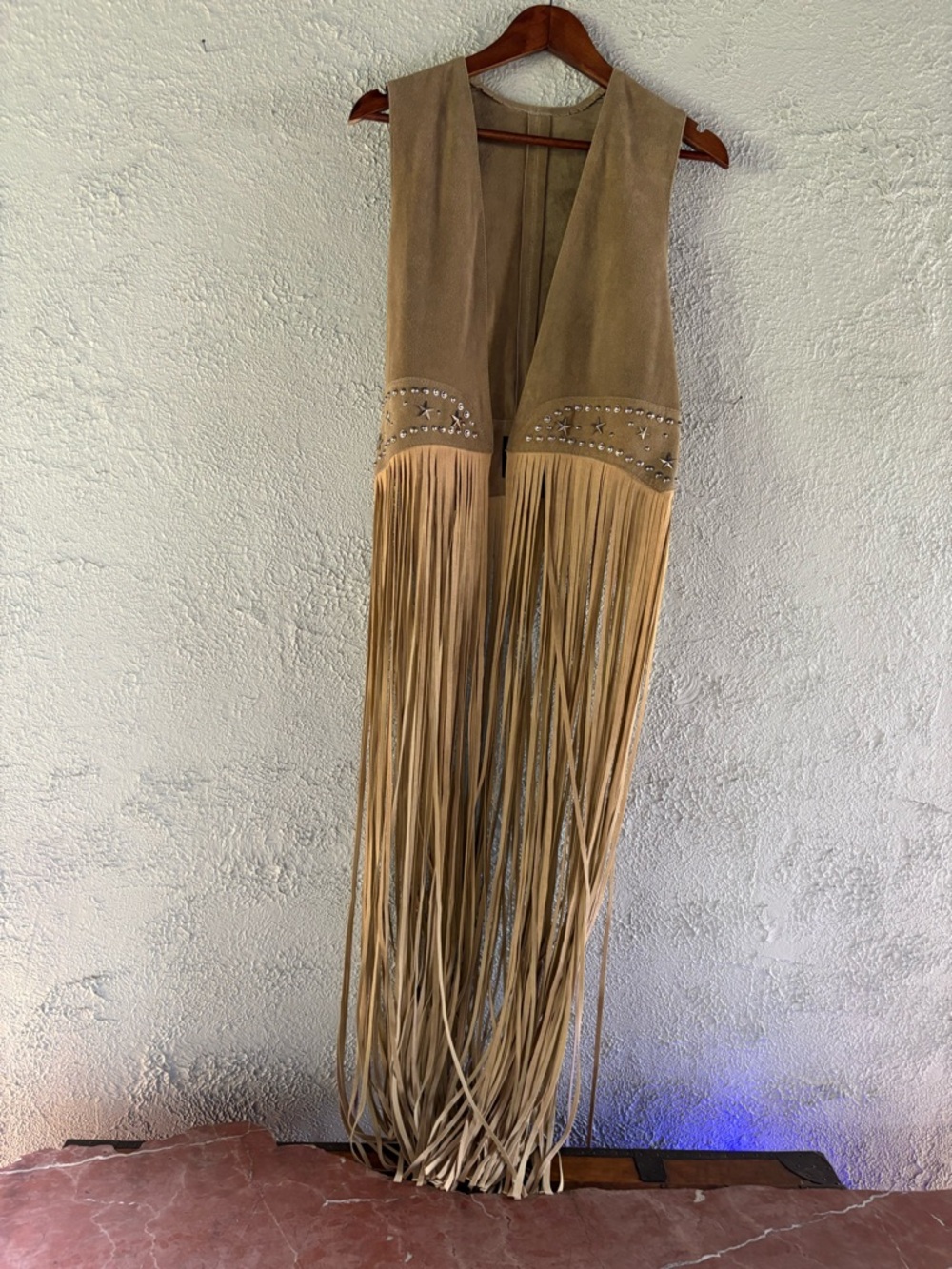Fringed Suede Vest in Beige with Stud Detail